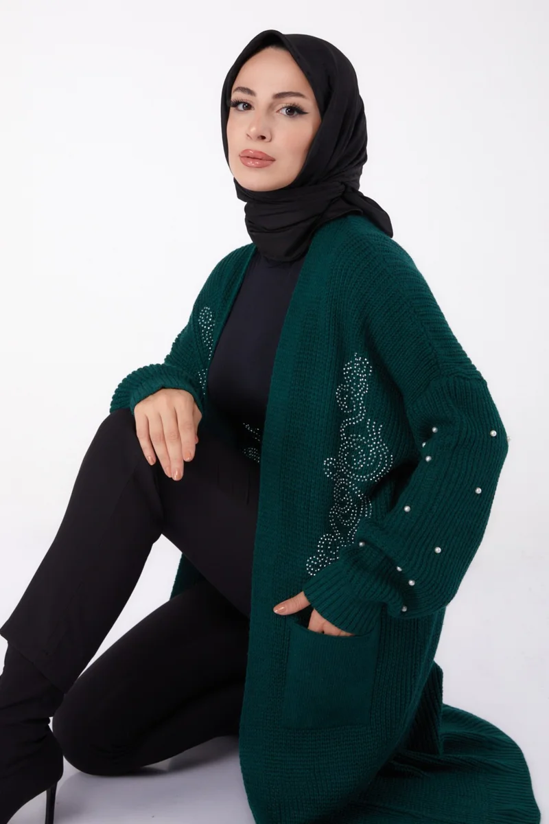 Tofisa Plain Medium Women's Emerald Pearl Knitted Cardigan - 26453
