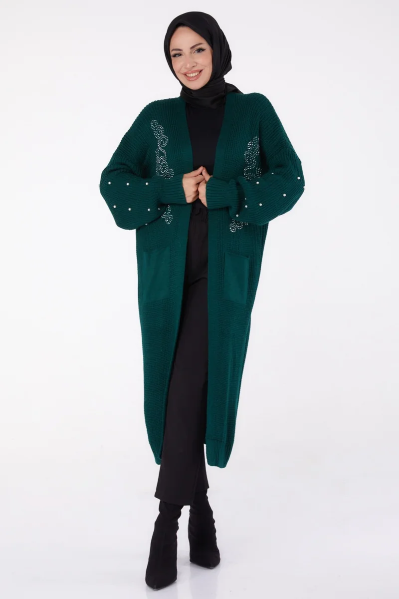 Tofisa Plain Medium Women's Emerald Pearl Knitted Cardigan - 26453