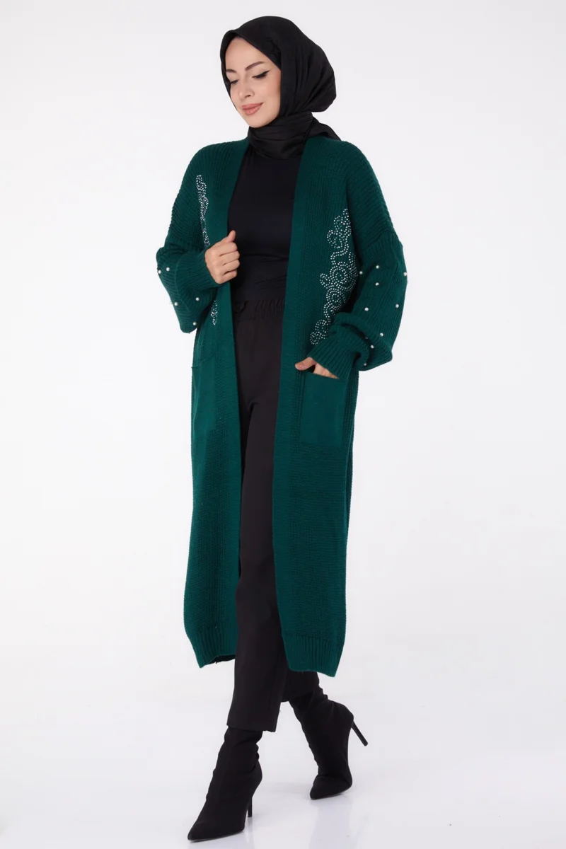 Tofisa Plain Medium Women's Emerald Pearl Knitted Cardigan - 26453