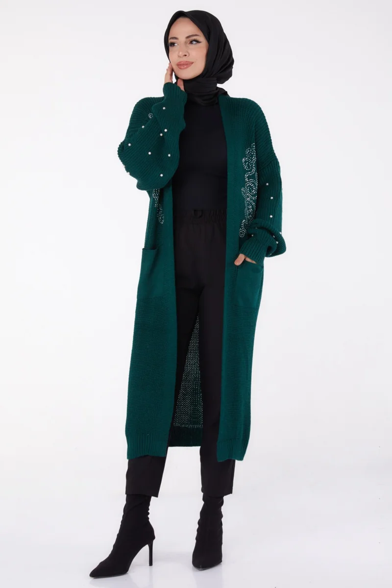 Tofisa Plain Medium Women's Emerald Pearl Knitted Cardigan - 26453