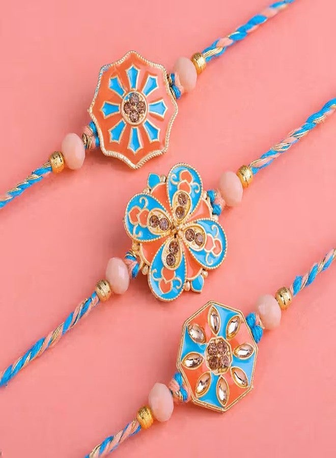 FlowerAura Raksha Bandhan Celebration Premium Tradational Set Of 3 Beautifully Crafted Floral & Geometric Rakhi With Lord Krishna Idol Showpiece- Rakhi For Brother, Bhai, Cousins & Raksha Bandhan Gift - Image 3