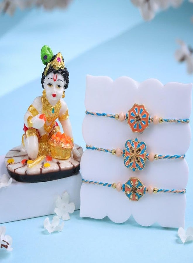 FlowerAura Raksha Bandhan Celebration Premium Tradational Set Of 3 Beautifully Crafted Floral & Geometric Rakhi With Lord Krishna Idol Showpiece- Rakhi For Brother, Bhai, Cousins & Raksha Bandhan Gift - Image 2