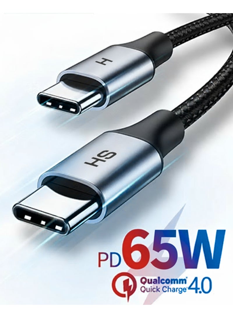 اتش اس 65W USB Type C Cable Nylon Braided USB C to USB C 2.0 Cable (C to C) Compatible For iPhone 16 15 Pro Max iPad Pro Air mini 6 MacBook Pro Air Galaxy S24 S23 Ultra Z Fold Xiaomi Honor OPPO OnePlus 1M Grey Black - Image 1