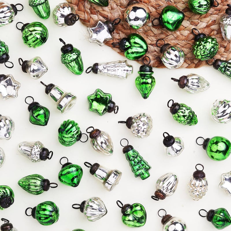 Indian-Shelf 300 Pieces Glass Silver Green Christmas Ornaments Decorative Mercury Mini Vintage Bulk Hanging Ornaments for Halloween Christmas Tree New Year Valentine Day Holidays Event and Wedding Party Decor  - Image 1
