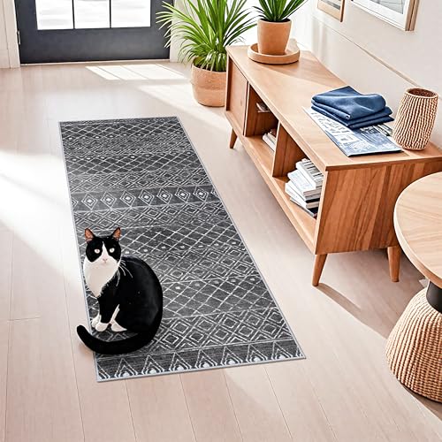 BYYVOO 2x5 Rug Runner Moroccan - Washable Hallway Runner Rug Non Slip Pets Friendly Runner Low Pile Soft Indoor Floor Mat Front Door for Kitchen Bedroom Entryway Laundry 2x5 Black - Image 1