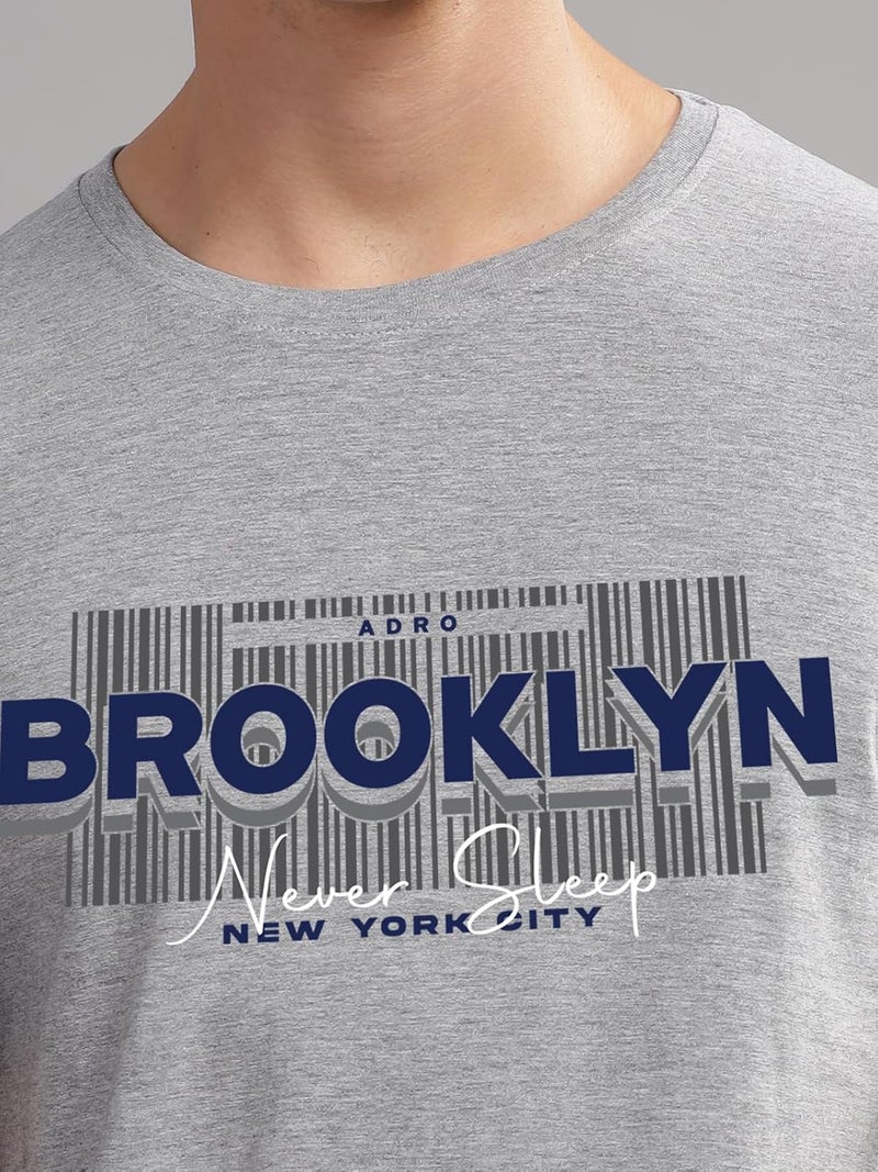 ADRO Men's Printed Grey T-Shirt with Brooklyn Design - Premium Lycra Cotton Regular Fit - Image 3