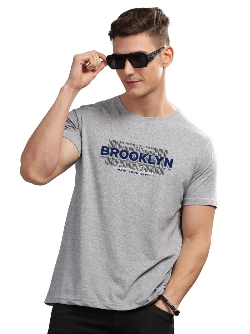 ADRO Men's Printed Grey T-Shirt with Brooklyn Design - Premium Lycra Cotton Regular Fit - Image 1
