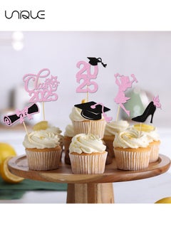 يونيك 24 قطعة من فئة 2025 أغطية كب كيك التخرج - أغطية كعكة Grad Cap على الوجهين الوردي اللامع لمستلزمات حفلات التخرج - 2025 لقطات كعكة حفلات الخريجين زينة التخرج  - Image 5