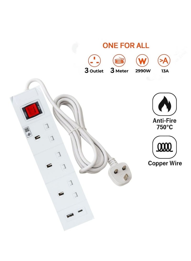 Hi Max Multiple Cord Extension Set with USB Charging Port – 3m Cable, 2990W, Overload Protection, Anti-Fire 750°C, All-Copper Wire, SASO Certified - Image 3