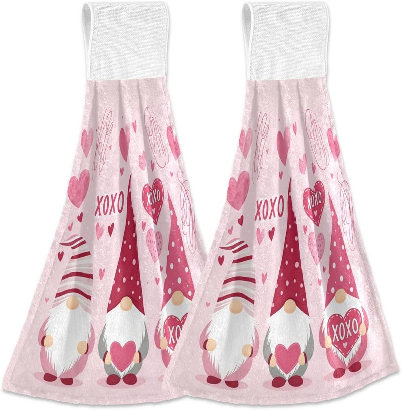 Dussdil Happy Valentines Day Gnomes Kitchen Hanging Towel 14 x 18 In Pink Hearts Wedding Hand Fingertip Towels Set 2 Pcs Tea Bar Bath Tie Dish Cloths Dry Towel Soft Absorbent Thin Durable for Party Decor - Image 1