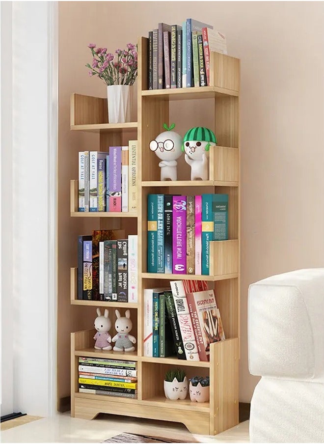 XiuWoo 8-Tier High-Capacity Free-Standing Wood Tree Bookcase, Open Bookshelf, Modern Home Storage Organizer Rack, Multipurpose Display Shelf 118x41x17 cm Begie  - Image 1