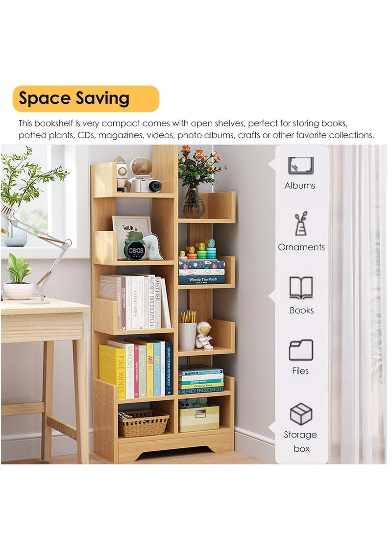 XiuWoo 8-Tier High-Capacity Free-Standing Wood Tree Bookcase, Open Bookshelf, Modern Home Storage Organizer Rack, Multipurpose Display Shelf 118x41x17 cm Begie  - Image 4
