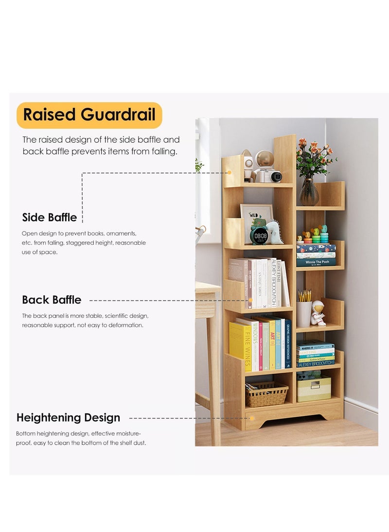 XiuWoo 8-Tier High-Capacity Free-Standing Wood Tree Bookcase, Open Bookshelf, Modern Home Storage Organizer Rack, Multipurpose Display Shelf 118x41x17 cm Begie  - Image 5