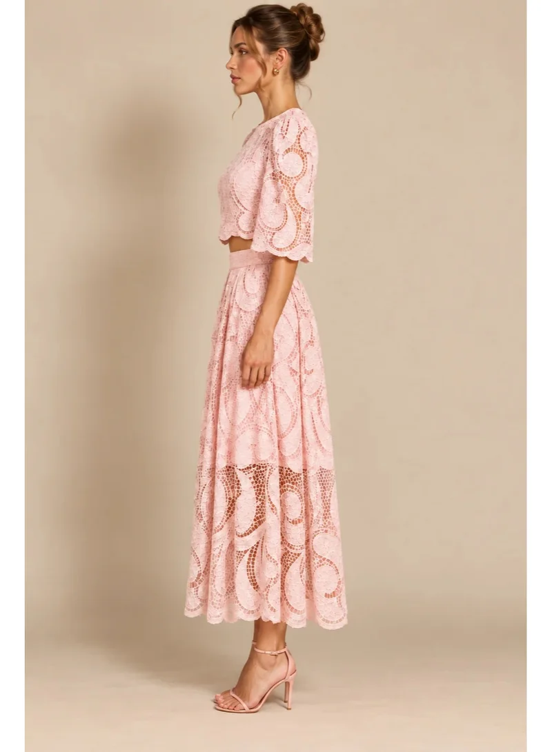 2Trendy Womens Pink Two Piece Lace Set with Cropped Blouse and Flared Midi Skirt
