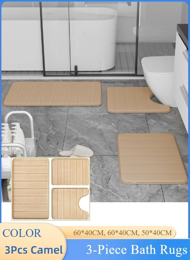 3-Piece Bathroom Rug Set, Simple Striped Coral Velvet Floor Mat, Bathroom Absorbent Non-slip Mat, Household Toilet Three-piece Foot Mat Set for Tub Shower and Bathroom（Camel）  - Image 1