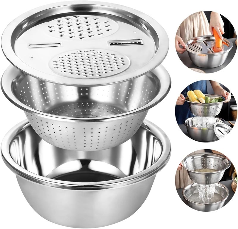 NUJAIN 3-in-1 Stainless Steel Mixing Bowl Set with Colander & Grater Lid, Multipurpose Kitchen Prep Bowl for Washing Fruits & Vegetables, Mixing Salad, Grating, Straining & Food Preparation - Image 2