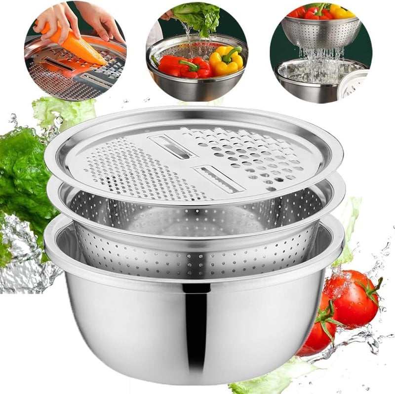 NUJAIN 3-in-1 Stainless Steel Mixing Bowl Set with Colander & Grater Lid, Multipurpose Kitchen Prep Bowl for Washing Fruits & Vegetables, Mixing Salad, Grating, Straining & Food Preparation - Image 1