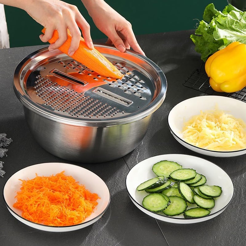 NUJAIN 3-in-1 Stainless Steel Mixing Bowl Set with Colander & Grater Lid, Multipurpose Kitchen Prep Bowl for Washing Fruits & Vegetables, Mixing Salad, Grating, Straining & Food Preparation - Image 5