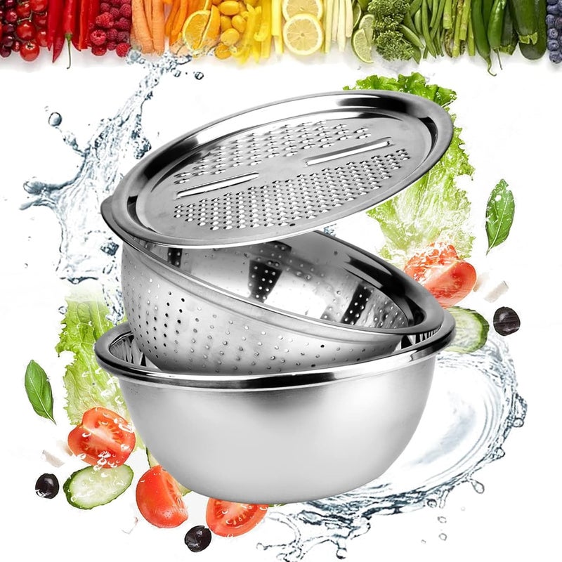 NUJAIN 3-in-1 Stainless Steel Mixing Bowl Set with Colander & Grater Lid, Multipurpose Kitchen Prep Bowl for Washing Fruits & Vegetables, Mixing Salad, Grating, Straining & Food Preparation - Image 3