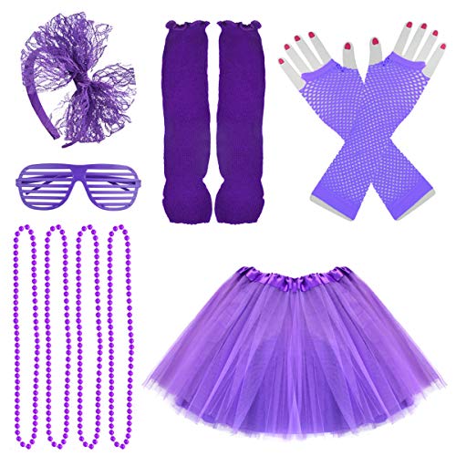 jiebor 80s Costume Accessories for Girls Kids Tutu Skirt Leg Warmers Fishnet Gloves Shutter Glass Headband Necklace Purple - Image 3