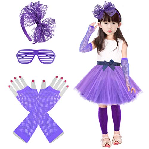 jiebor 80s Costume Accessories for Girls Kids Tutu Skirt Leg Warmers Fishnet Gloves Shutter Glass Headband Necklace Purple - Image 4