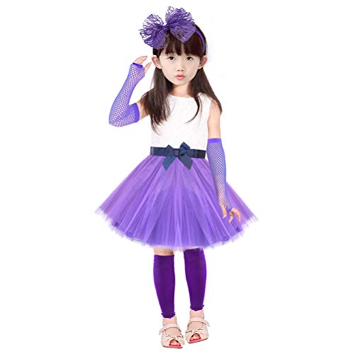 jiebor 80s Costume Accessories for Girls Kids Tutu Skirt Leg Warmers Fishnet Gloves Shutter Glass Headband Necklace Purple - Image 5