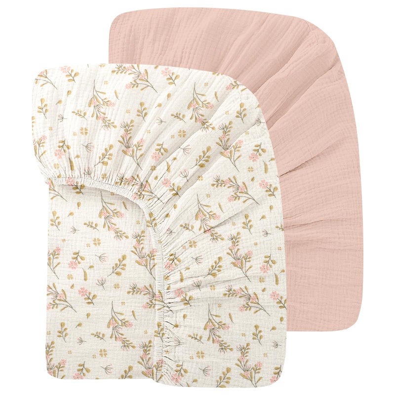 Knirose Organic Baby Crib Sheets 52x28 Inches 2 Pack 100 Muslin Cotton Soft Fitted Crib Mattress Sheet for Baby Girls Boho Toddler Bed Sheets Fits Well Standard Size Crib Mattress 28x52 Inches Floral Pink - Image 2