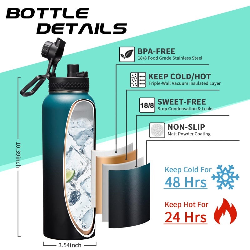 DIGJUPER Vacuum Insulated Water Bottle 40oz - with Straw u0026 Spout Lids, Paracord Handle, Shoulder Carrier Bag, Sport Stainless Steel,Double-wall Metal Water Bottle Thermo Hydro Mug Flask - Image 3
