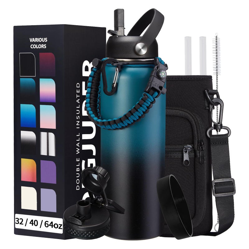 DIGJUPER Vacuum Insulated Water Bottle 40oz - with Straw u0026 Spout Lids, Paracord Handle, Shoulder Carrier Bag, Sport Stainless Steel,Double-wall Metal Water Bottle Thermo Hydro Mug Flask - Image 1