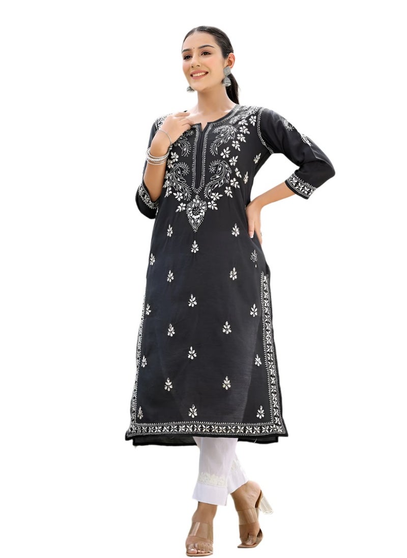 Swadesh Souq - Black Lucknowi Chikankari Cotton Kurta Pant Set - Image 1