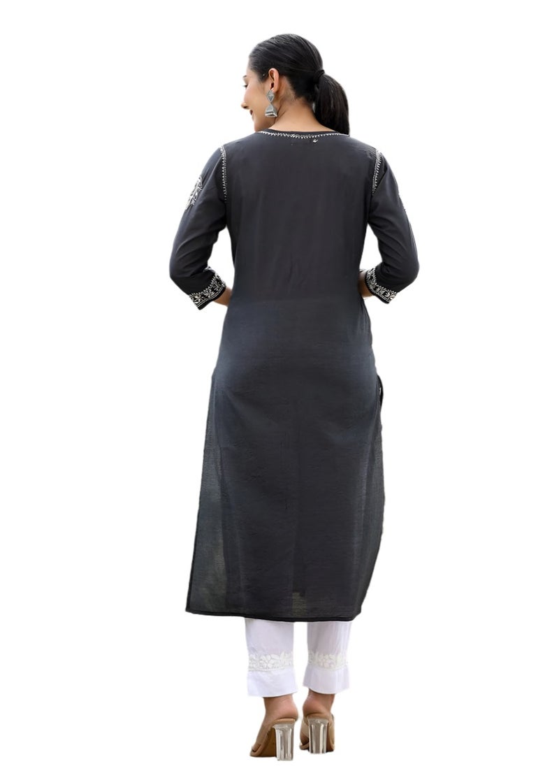 Swadesh Souq - Black Lucknowi Chikankari Cotton Kurta Pant Set - Image 1
