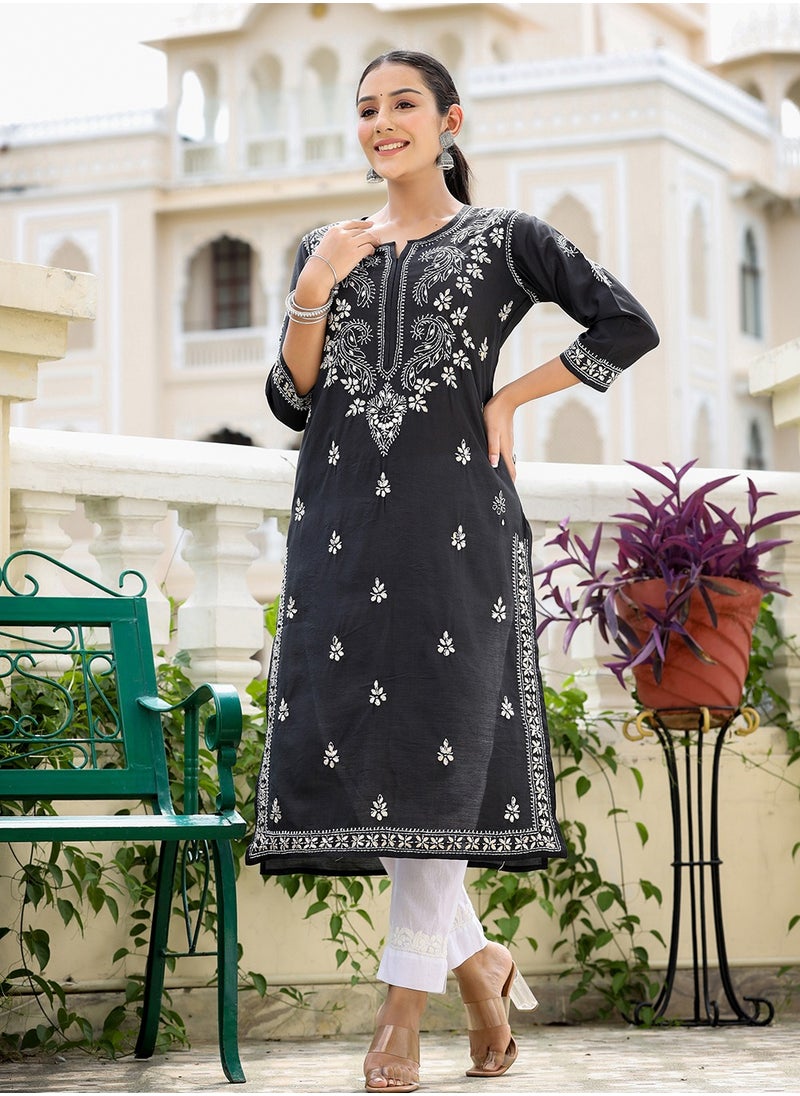 Swadesh Souq - Black Lucknowi Chikankari Cotton Kurta Pant Set - Image 1