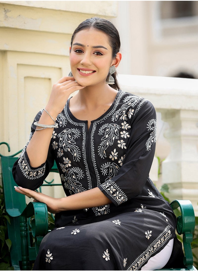 Swadesh Souq - Black Lucknowi Chikankari Cotton Kurta Pant Set - Image 1
