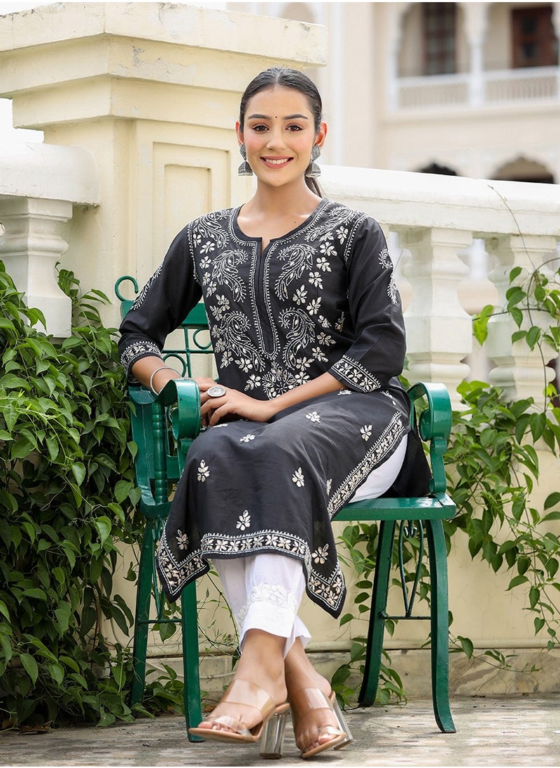 Swadesh Souq - Black Lucknowi Chikankari Cotton Kurta Pant Set - Image 1