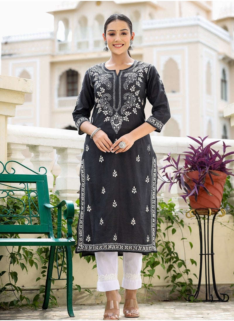 Swadesh Souq - Black Lucknowi Chikankari Cotton Kurta Pant Set - Image 1