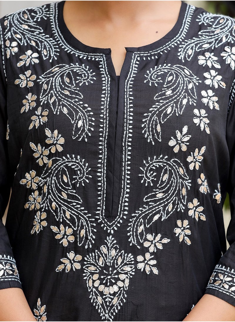 Swadesh Souq - Black Lucknowi Chikankari Cotton Kurta Pant Set - Image 1