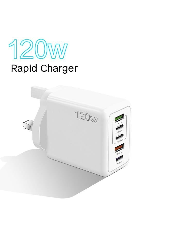 120W PD QC 3.0 Type C USB Charger Adapter (White), 5-Port USB A & USB C Charging Hub Compatible with iPhone 15/14/13 Pro Max, Samsung Galaxy S23/S22, iPad, OnePlus, Pixel, AirPods & More - Image 1