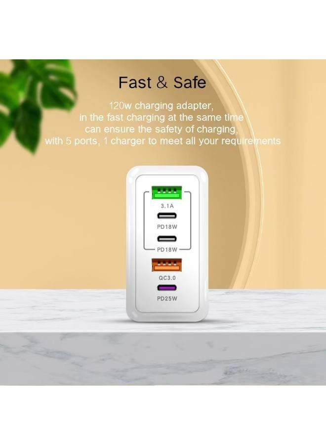 120W PD QC 3.0 Type C USB Charger Adapter (White), 5-Port USB A & USB C Charging Hub Compatible with iPhone 15/14/13 Pro Max, Samsung Galaxy S23/S22, iPad, OnePlus, Pixel, AirPods & More - Image 4