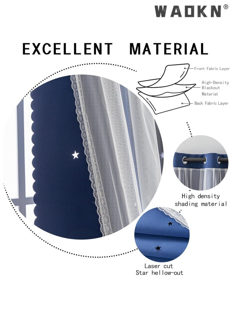 دبليو أيه أو كي أن غرفة نوم ستارة ستارة ستارة غرفة الأطفال نجمة مزدوجة ستار نافذة الديكور ( 1 لوحة ، 52w × 63l بوصة ، البحرية الأزرق ) - Image 5