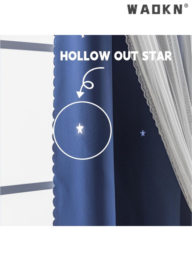 دبليو أيه أو كي أن غرفة نوم ستارة ستارة ستارة غرفة الأطفال نجمة مزدوجة ستار نافذة الديكور ( 1 لوحة ، 52w × 63l بوصة ، البحرية الأزرق ) - Image 3