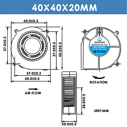 WINSINN 40mm Blower Fan 12V, 3D Printer Micro 12 Volt Fans Blower 4020 Dual Ball Bearing, 40mmx20mm 2PIN (Pack of 4Pcs) - Image 2