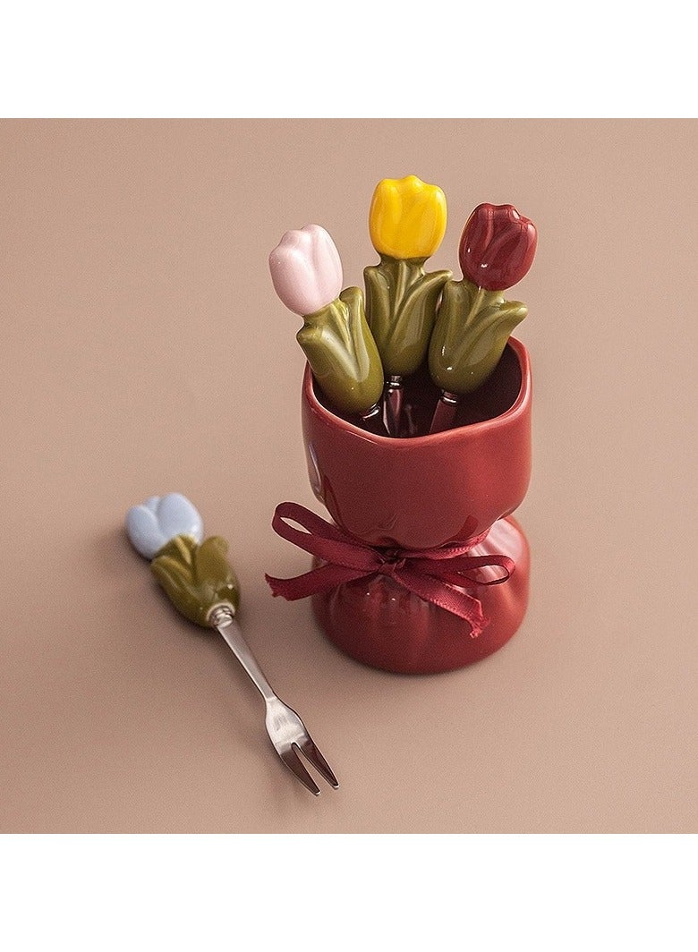 general Bouquet fruit fork set stainless steel fruit picks ceramic storage jar small forks for home and living room - Image 3
