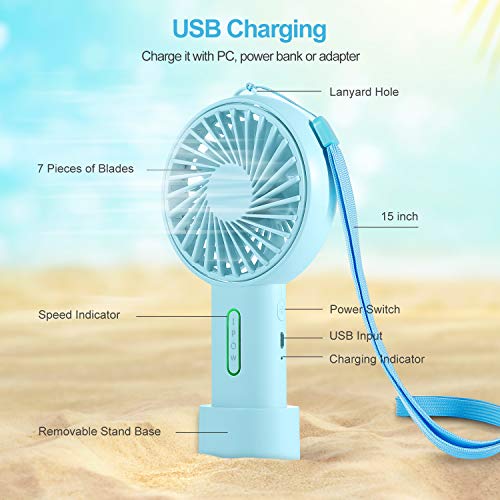 IPOW Mini Portable Fan - 3 Speed, Adjustable Angle, USB Rechargeable, Small Desk & Travel Fan - Mint Blue - Image 3