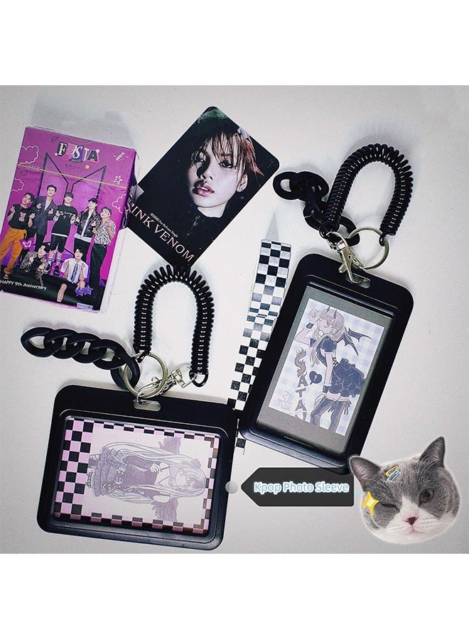 HY Acrylic Photocard Holders Keychain ID Badge Holder with Spiral Wrist Coil Transparent Card Waterproof Photo Protector for School Office Access Women Girls (Black) - Image 3