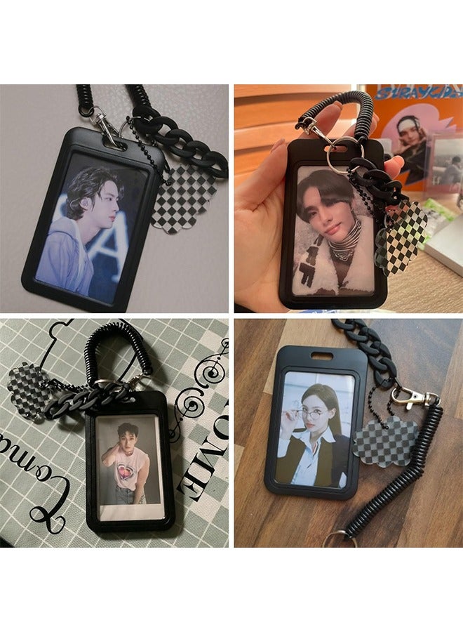 HY Acrylic Photocard Holders Keychain ID Badge Holder with Spiral Wrist Coil Transparent Card Waterproof Photo Protector for School Office Access Women Girls (Black) - Image 4
