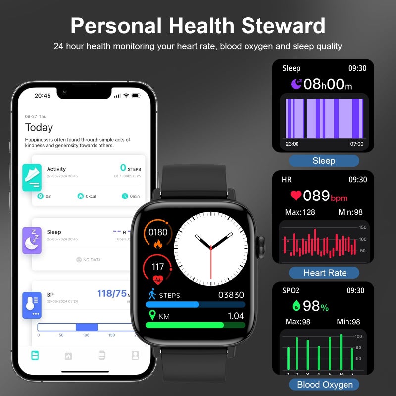 PJYUBVOR Smart Watch for Men - 1.90" HD Touch Screen Smartwatch, Bluetooth Call, Fitness Tracker with 120+ Sport Modes, Heart Rate & Sleep Monitor, IP68 Waterproof Smart Watches for Android & iPhone, Black - Image 4