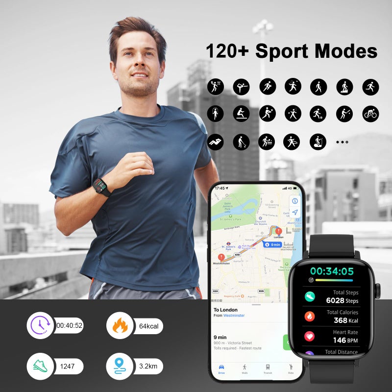 PJYUBVOR Smart Watch for Men - 1.90" HD Touch Screen Smartwatch, Bluetooth Call, Fitness Tracker with 120+ Sport Modes, Heart Rate & Sleep Monitor, IP68 Waterproof Smart Watches for Android & iPhone, Black - Image 5