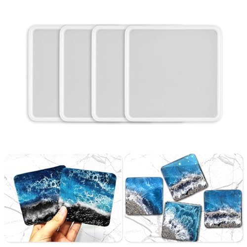 RESINWORLD 4 Pack 4 inches Square Coaster Molds, Shiny Coaster Silicone Mold for Resin, Geode Aagte Coaster Resin Molds - Image 1