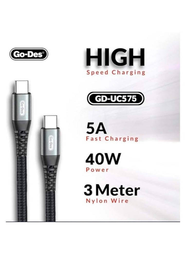 GO-DES GD-UC575  3 Meter USB-C to USB-C Cable Black 40W Fast Charge 5A Power Delivery Cord for High-Speed Charging and Data Transfer - Image 3