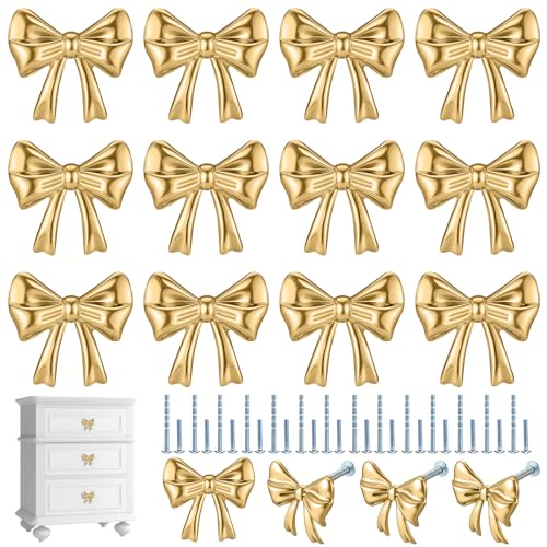 Hotop 45 Pack Gold Bow Dresser Knobs Cabinet Drawer Knobs with 2 Kinds Screws for Hardware Dresser Kitchen Drawer Aluminum Alloy Oxidation Wire Drawing Handle 157 x 118 - Image 1